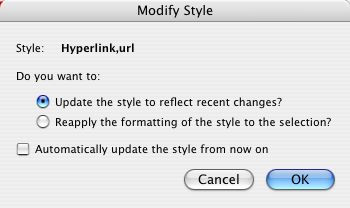 Microsoft Word Modify Style confirmation dialog