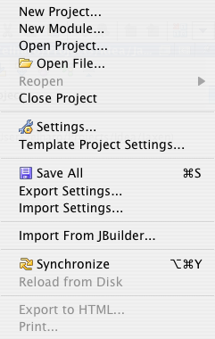 New Project... New Module... Open Project... Icon Open File... Reopen Close Project Icon Settings... Template Project Settings... Icon Save All Export Settings... Import Settings...